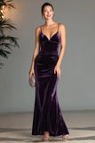 Purple Velvet Sheath Spaghetti Straps Long Formal Dress