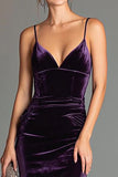 Purple Velvet Sheath Spaghetti Straps Long Formal Dress