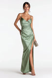 Sage Green Satin Sheath Spaghetti Straps Long Bridesmaid Dress with Slit