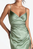 Sage Green Satin Sheath Spaghetti Straps Long Bridesmaid Dress with Slit