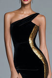 Black Velvet One Shoulder Mermaid Sequin Long Formal Dress with Slit