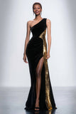 Black One Shoulder Sheath Velvet Long Formal Dress with Sequins