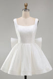 Sparkly Ivory A Line Square Neck Sequin Short Graduation Dress with Back Giant Bow