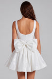 Sparkly Ivory A Line Square Neck Sequin Short Graduation Dress with Back Giant Bow