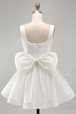 Sparkly Ivory A Line Square Neck Sequin Short Graduation Dress with Back Giant Bow