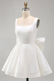 Sparkly Ivory A Line Square Neck Sequin Short Graduation Dress with Back Giant Bow