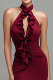 Halter Mermaid Keyhole Long Burgundy Formal Dress with Ruffles