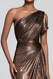 Brown Metallic Sheath One Shoulder Long Formal Dress