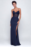 Navy Corset Sheath Maxi Formal Dress with Lace
