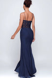 Navy Corset Sheath Maxi Formal Dress with Lace