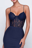 Navy Corset Sheath Maxi Formal Dress with Lace