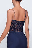 Navy Corset Sheath Maxi Formal Dress with Lace