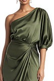 Olive Satin Sheath One Shoulder Midi Formal Dress