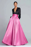 Black and Fuchsia V-Neck A Line Formal Dress with Long Sleeve