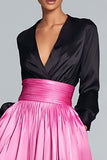 Black and Fuchsia V-Neck A Line Formal Dress with Long Sleeve