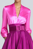 Fuchsia and Magenta Satin V-Neck A-Line Long Formal Dress with Sleeves