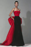 Black and Red Strapless Mermaid Long Formal Dress with Bow