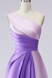 One Shoulder Pink Ruched A Line Formal Dress