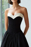 Strapless Black And White A Line Satin Formal Dress