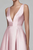 Pink And Navy V Neck A Line Formal Dress