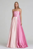 Pink A Line Satin Strapless Patchwork Long Formal Dress