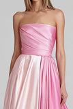 Pink A Line Satin Strapless Patchwork Long Formal Dress