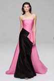 Black and Pink Mermaid Satin Strapless Long Formal Dress with Ruffles