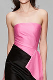 Black and Pink Mermaid Satin Strapless Long Formal Dress with Ruffles