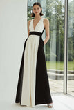 Black and White A Line V-Neck Long Formal Dress with Pockets