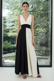 Black and White Patchwork V-Neck A Line Long Formal Dress