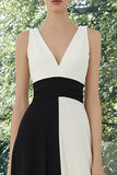 Black and White Patchwork V-Neck A Line Long Formal Dress