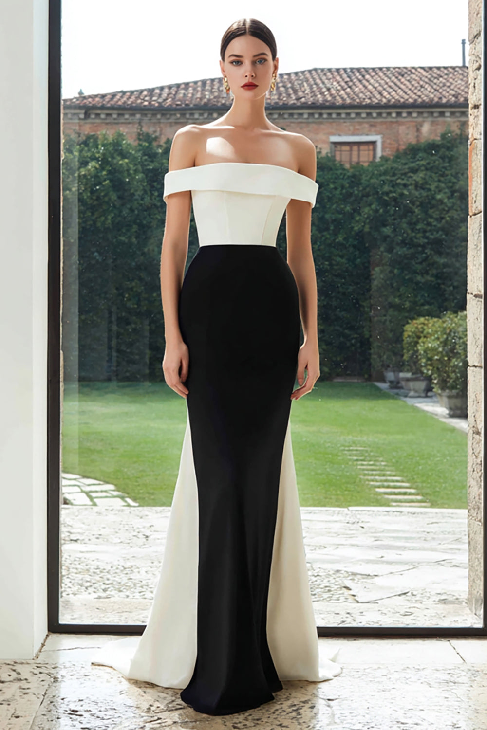 Simple Black and White Patchwork Mermaid Off The Shoulder Long Evening Dress Simple Black and White Patchwork Mermaid Off The Shoulder Long Evening Dress