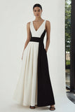 Black and White Patchwork V-Neck A Line Long Formal Dress with Pockets