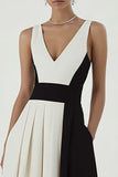 Black and White Patchwork V-Neck A Line Long Formal Dress with Pockets