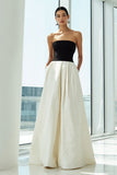 Simple Black and White A Line Strapless Long Formal Dress with Pockets