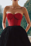 Black and Red Strapless Corset Tulle A Line Long Formal Dress