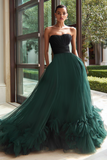Black and Green Tulle A Line Strapless Long Formal Dress