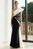 Black and White One Shoulder Mermaid Appliqued Formal Dress