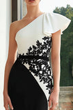 Black and White One Shoulder Mermaid Appliqued Formal Dress
