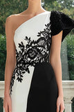 Sheath Black and White Appliqued One Shoulder Formal Dress