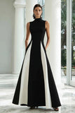 Elegant A-Line Black and White High Neck Long Formal Dress