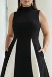 Black and White Plus Size A-Line High Neck Long Formal Dress with Pockets