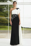 One Shoulder Black and White Sheath Appliqued Long Formal Dress