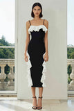 Black and White Bodycon Ruffled Midi Formal Dress