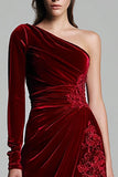 Burgundy Velvet One Shoulder Appliques Formal Dress