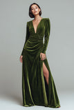 Olive V Neck Velvet Ruched Long Formal Dress with Slit