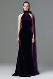 Plum Sheath Velvet Long Formal Dress with Sash
