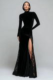 Black Velvet High Neck Mermaid Long Formal Dress with Lace