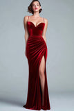 Burgundy Mermaid Velvet Spaghetti Straps Long Formal Dress with Slit