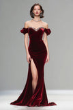 Sparkly Burgundy Velvet Off the Shoulder Long Formal Dress